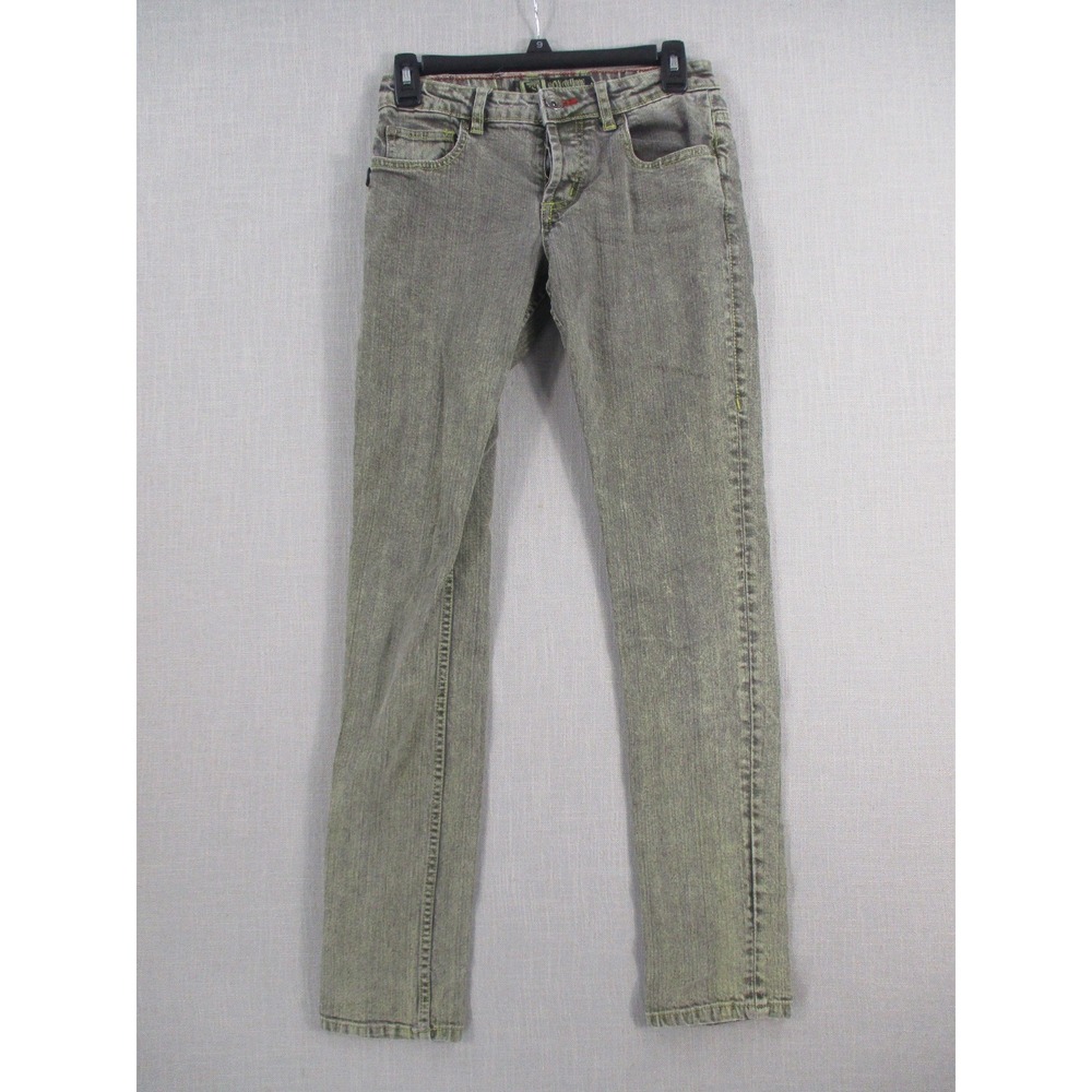 Social Collision Low Rise Skinny Jeans Olive Green Grey Acid Wash Denim Women 28